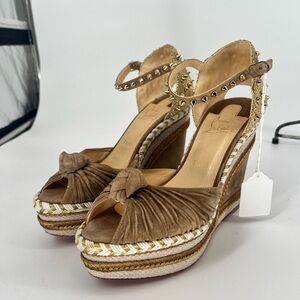 Christian Louboutin Tan Wedge Sandals with Gold Studs